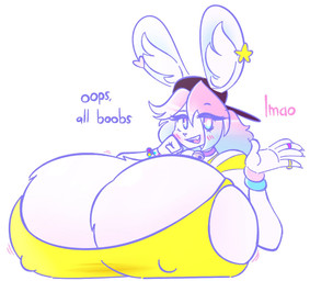 anthro backwards_baseball_cap backwards_hat baseball_cap bell bell_collar big_breasts black_baseball_cap blue_eyes blue_hair blush blush_lines blush_through_hair breast_rest breast_tuft breasts clothed clothed_anthro clothed_female clothing collar describing_breasts dialogue eye_through_hair eyebrow_through_hair eyebrows eyelashes eyelashes_through_hair female fur furgonomic_baseball_cap furgonomic_hat furgonomic_headwear furgonomics gesture hair hand_on_face hat headgear headwear huge_breasts hyper hyper_breasts inner_ear_fluff jingle_bell jingle_bell_collar long_ears looking_at_viewer motion_lines multicolored_eyes multicolored_hair nipple_outline pink_eyes pink_hair shrug solo text topwear translucent translucent_hair tuft two_tone_eyes two_tone_hair white_body white_fur yellow_clothing yellow_topwear manicorange oops!_all_berries pb_(theycallhimcake) lagomorph leporid mallkin mammal rabbit 2023 bust_portrait digital_drawing_(artwork) digital_media_(artwork) english_text portrait busty_boy_(lore) male_(lore)