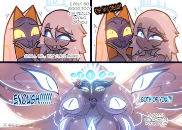 angry anthro blue_eyes blue_glow blue_halo bodily_fluids bright_light caught cross-popping_vein dialogue eyebrows fangs female freckled_face freckles frown glowing glowing_eyes group halo male male/female motion_lines multi_wing narrowed_eyes oh_fuck oh_shit pupils raised_eyebrows red_pupils simple_background smile spread_wings sweat sweatdrop teeth text trio white_background white_light wings yellow_eyes grimmie2 hazbin_hotel hellaverse questionable_content emily_(hazbin_hotel) sera_(hazbin_hotel) sir_pentious_(hazbin_hotel) angel mammal seraph_(angel) absurd_res comic english_text hi_res