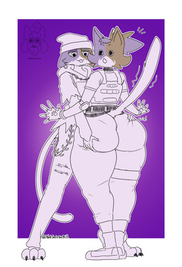 anthro big_butt black_eyes border brown_body brown_fur butt butt_grab cheek_tuft clothed clothing duo ear_piercing ears_down facial_tuft female fur hand_on_butt huge_butt open_mouth piercing pivoted_ears purple_background purple_body purple_fur simple_background thick_thighs tongue tongue_out tuft white_body white_border white_fur wide_hips unfunnybill epic_games fortnite cate_meowdy meow_skulls domestic_cat felid feline felis mammal hi_res cousins_(lore) incest_(lore)
