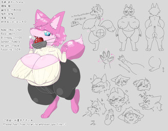 anthro anus areola big_areola big_breasts big_butt blush bodily_fluids breasts butt drooling female genitals huge_areola huge_breasts huge_butt hyper hyper_areola mask pink_body saliva saliva_string solo sweat text vulva wearing_mask akaiiiro akai_chan canid canine canis mammal wolf english_text hi_res model_sheet