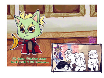ambiguous_gender anthro banana beard blonde_hair brown_eyes cape chibi clothed clothing detailed_background eyewear facial_hair food fruit fur glasses glistening glistening_eyes green_body green_fur group hair male plant pointy_ears standing text time-speculo drawfee_(copyright) miitopia yu-gi-oh! jacob_andrews_(character) julia_lepetit_(character) karina_farek_(character) nathan_yaffe_(character) piss_boy_(drawtectives) yugi_muto domestic_cat felid feline felis human mammal digital_media_(artwork) english_text