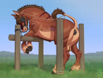 animal_genitalia anus ball_tuft balls blindfold bound butt ear_piercing ear_ring equine_anus equine_genitalia feral fur genitals grass hooves legs_tied male mane nipple_outline on_railing outside piercing plant puffy_anus ring_piercing rope solo tail tail_tied tuft jaribka asinus donkey equid equine horse mammal digital_media_(artwork)