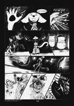 9_panel_comic ambiguous_gender anthro attack black_eyes black_nose clothed clothing dialogue duo exclamation_point eyebrows fingers fur male motion_lines open_mouth page_number pawpads sharp_teeth sound_effects tail teeth telekinesis text white_sclera white_text leprzil crocodilian domestic_cat felid feline felis mammal mummy oriental_shorthair reptile scalie undead 2026 comic english_text hi_res monochrome url