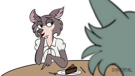 accessory anthro big_pupils bodily_fluids breasts cake claws clothed clothing collared_shirt cutlery dessert dilated_pupils dress dress_shirt duo ears_down eyelashes female floating_eyebrows food fork fur furniture humor kerchief kitchen_utensils knife looking_at_another male narrowed_eyes neckerchief necktie neckwear open_mouth orgasm pivoted_ears plate pupils saliva screaming sharp_teeth shirt simple_background sweat sweatdrop table teeth text thought_bubble tongue tools topwear vest white_background white_eyes wide_eyed serareldeer sound_warning beastars juno_(beastars) legoshi_(beastars) canid canine canis mammal wolf 16:9 2021 2d_animation animated dated digital_media_(artwork) english_audio english_text hi_res meme short_playtime signature sound video voice_acted widescreen