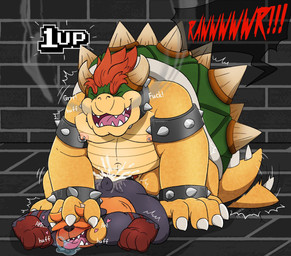 accessory anal anal_orgasm anal_penetration anthro belly black_body black_fur bodily_fluids breath butt clothing cock_ring collar cum cum_from_ass cum_in_ass cum_inside cum_on_butt cum_splatter dialogue dominant dominant_male drool_pool drooling duo ejaculation emanata from_behind_position fucked_silly fur gameplay_mechanics genital_fluids growling hands-free hat hat_over_eyes head_grab head_push headgear headwear jewelry jockey_position life_(gaming) looking_pleasured lying male male/male moan nipple_piercing nipples on_front onomatopoeia orgasm orgasm_face overweight overweight_dom overweight_male overweight_top panting penetration penile penile_penetration penis_accessory penis_in_ass penis_jewelry piercing prone_bone_position rawr saliva sex size_difference smaller_penetrated smoke smoke_from_mouth sound_effects spiked_collar spikes tail tail_motion tail_slap text moonbeardusk mario_bros nintendo bowser dusk_(moonbeardusk) bear black_bear koopa mammal moon_bear scalie ursine english_text hi_res