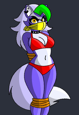 angry anthro arms_tied bdsm black_eyebrows bondage bound bra breasts cheek_tuft cloth_gag clothed clothed_anthro clothed_female clothing collar curvy_figure ear_piercing ear_ring eyebrows eyelashes facial_tuft female fur gag gagged green_hair hair hands_behind_back hourglass_figure legs_tied looking_at_viewer machine muffled navel panties piercing purple_body purple_fur restraints ring_piercing rope rope_bondage simple_background solo standing submissive submissive_anthro submissive_female tail tuft underwear white_body white_fur white_hair white_tail yellow_eyes jaxattax five_nights_at_freddy's five_nights_at_freddy's:_security_breach scottgames steel_wool_studios roxanne_wolf animatronic canid canine canis mammal robot wolf hi_res
