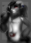 anthro belly_mouth black_body black_fur bovid_horn caprine_horn curled_horn ear_piercing facial_piercing fur horn male nose_piercing piercing ram_horn red_eyes solo tongue tongue_out nautilusta haku_kagami canid canine canis domestic_dog mammal digital_media_(artwork)