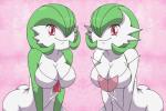 3:2 big_breasts breasts butt cleavage clothed clothing duo female gardevoir generation_3_pokemon generation_6_pokemon looking_at_viewer mega_evolution mega_gardevoir nintendo not_furry pokemon pokemon_(species) poopysocks9 simple_background smile