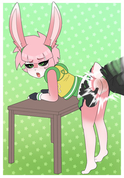 anthro bent_over bent_over_table biped black_sclera blush blush_lines butt butt_slap clothed clothing cosplay countershade_face countershading disembodied_hand duo erection eyebrows female fingerless_gloves furniture genitals gloves green_eyes handwear jacket looking_pleasured multicolored_body no_underwear open_mouth pink_body plantigrade scut_tail short_tail simple_background slap solo_focus spank_marks spanking table tail tongue tongue_out topwear two_tone_body upskirt white_body white_countershading young young_anthro young_female gi0 cartoon_network powerpuff_girls powerpuff_girls_z buttercup_(powerpuff_girls) izzybunny lagomorph leporid mammal rabbit 2025 absurd_res hi_res