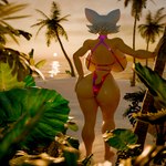 anthro back_boob barefoot beach big_breasts breasts clothing depth_of_field feet female gold_(metal) gold_jewelry hair hand_on_hip huge_breasts jewelry palm_tree plant rear_view sea side_boob solo sunset swimwear tan_body tree water white_hair severalbaps sega sonic_the_hedgehog_(series) warfare_machine rouge_the_bat warfare_rouge bat mammal 3d_(artwork) absurd_res digital_media_(artwork) hi_res