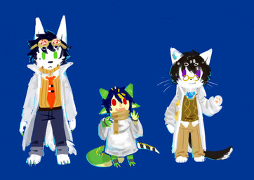 anthro black_hair black_nose blue_background blue_bottomwear blue_clothing blue_pants bottomwear brown_clothing brown_topwear clothed clothing coat denim denim_bottomwear denim_clothing front_view fur green_body green_eyes group hair jeans male messy_hair mouth_closed pants purple_eyes red_eyes short_hair simple_background simple_eyes standing tan_bottomwear tan_clothing tan_pants topwear trio unsigned whiskers white_body white_clothing white_coat white_fur white_topwear yellow_body yellow_clothing yellow_topwear asnnonaka agamy_(asnnonaka) moris_(asnnonaka) morton_(asnnonaka) animal_humanoid canid canine canis domestic_cat felid feline felis humanoid mammal scalie scalie_humanoid