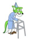 anthro birthday black_nose clothed clothing elderly elderly_male fur gift green_body green_eyes green_fur hair happy_birthday hat headgear headwear male party_hat simple_background smile solo walker white_body white_fur blakefox family_guy fidget_the_fox herbert_the_pervert canid canine fox mammal digital_media_(artwork) hi_res signature