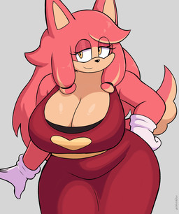 anthro apron big_breasts breasts cleavage clothed clothing eyelashes female fur glistening glistening_breasts hand_on_hip heart_symbol looking_at_viewer mature_female multicolored_body multicolored_fur narrowed_eyes pink_body pink_fur simple_background slightly_chubby slightly_chubby_anthro slightly_chubby_female smile solo standing tail tan_body tan_fur thick_thighs two_tone_body two_tone_fur wide_hips sketchfins sega sonic_the_hedgehog_(series) the_murder_of_sonic_the_hedgehog conductor's_wife_(sonic) canid canine canis domestic_dog mammal 2026 absurd_res hi_res shaded