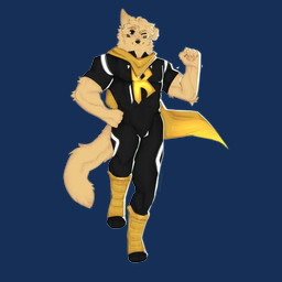 anthro black_clothing boots cape cheek_stripes clothing floating footwear fur glowing glowing_markings glowing_symbol kerchief logo_on_clothing male markings muscular muscular_male neckerchief neckwear one_ear_up one_eye_closed rim_light shirt_collar shoes smile solo superhero superhero_costume supersuit tail wink yellow_body yellow_fur cerberussenn theo_rohe_(cerberussenn) bird_dog canid canine canis domestic_dog golden_retriever hunting_dog mammal retriever 1:1 absurd_res alpha_channel hi_res signature