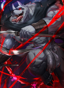 abs anthro arm_wrapping arm_wraps balls biceps big_balls big_penis black_sclera bodily_fluids cheek_tuft claws cloak clothing colorful_background crescent_moon excited facial_markings facial_tuft fangs foreskin fur fuzzy genital_fluids genitals glowing glowing_eyes grey_body grey_fur head_markings holding_object holding_weapon humanoid_genitalia humanoid_penis long_penis looking_at_viewer male markings mask_(marking) moon mostly_nude muscular muscular_anthro muscular_male muscular_thighs neck_tuft nipples open_mouth open_smile pecs penis pose precum red_background red_eyes saliva sickle simple_background smile solo teeth tongue tongue_out tuft vein veiny_muscles veiny_penis weapon wrapped_arms wraps wrist_wraps magangz dreamworks puss_in_boots_(franchise) death_(puss_in_boots) canid canine canis mammal wolf 2023 colorful_theme detailed digital_media_(artwork) hi_res