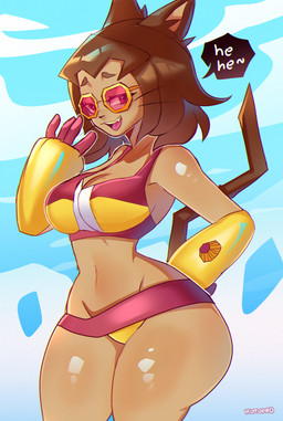 anthro big_breasts bikini bikini_bralette breasts brown_body brown_hair clothing dialogue eyebrows eyelashes eyewear female hair looking_at_viewer magenta_eyes navel open_mouth open_smile smile solo sunglasses swimwear two-piece_swimsuit whiskers wide_hips k0t0pr0 gameoverse glitch_productions kit_bodega domestic_cat felid feline felis mammal 2026 hi_res