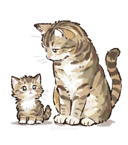 age_difference ambiguous_gender duo feral fur looking_at_another multicolored_body multicolored_fur paws pink_nose quadruped simple_background sitting size_difference striped_body striped_fur stripes whiskers white_background yellow_eyes young young_feral gentleeeeeeecat domestic_cat felid feline felis mammal colored digital_drawing_(artwork) digital_media_(artwork) hi_res shaded