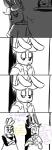 2016 alternate_species anthro avian bird black_and_white bonnie_(fnaf) buckteeth chest_tuft chica_(fnaf) chicken clothed clothing comic crossed_arms dialogue duo english_text female five_nights_at_freddy's furrification galliform gallus_(genus) hi_res inkyfrog lagomorph leporid male mammal monochrome phasianid purple_eyes rabbit scottgames speech_bubble teeth text tuft
