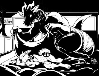anthro bed bedding blanket cabinet clothed clothing dark_room digitigrade duo female fluffy fluffy_tail furniture horn jewelry male male/female mirror necklace nude paws pillow sleeping tail tattoo topless worried rick_griffin in_the_new_age mythology bastion_(rick_griffin) ideka canid canine canis dragon equid equine horse mammal mythological_creature mythological_equine mythological_scalie scalie unicorn wolf 2023 black_and_white hi_res monochrome signature