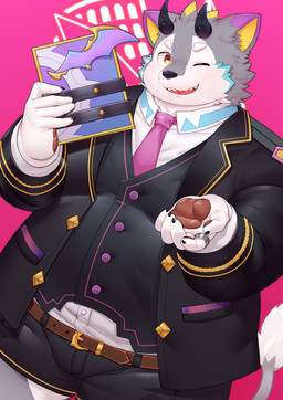 anthro belly belt book bottomwear claws clothing finger_claws fur grey_body grey_fur horn looking_at_viewer male necktie one_eye_closed overweight pawpads pink_background ring shorts simple_background smile solo spellbook suit topwear vest wink yellow_eyes who_corals lifewonders tokyo_afterschool_summoners belphegor_(tas) demon absurd_res hi_res