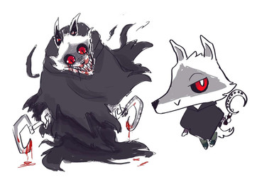 anthro blood blood_on_face blood_on_weapon bodily_fluids chibi clothed clothing dual_wielding grin holding_object holding_weapon looking_at_viewer male narrowed_eyes pointy_ears prick_ears red_eyes sharp_teeth sickle smile solo standing teeth weapon ultimatellurker cult_of_the_lamb dreamworks massive_monster_(studio) puss_in_boots_(franchise) death_(puss_in_boots) canid canine canis mammal wolf crossover