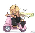 ._. anthro blonde_hair bottomwear chibi clothed clothing duo ellipsis fluffy_chest fur gloves hair handwear long_ears male mane moped muscular muscular_anthro muscular_male pants scar topless vehicle yellow_body yellow_fur youzaiyouzai112 bandai_namco digimon digimon_(species) felid leomon lion mammal pantherine symbareangoramon hi_res