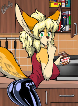 anthro appliance big_ears blonde_hair butt ears_up exclamation_point eyebrows eyelashes female finger_in_mouth fur furniture green_eyes hair inside kitchen kitchen_appliance kitchen_counter kitchen_utensils looking_at_viewer orange_body orange_fur question_mark solo tail tools chisheq nutella nadia_(chisheq) hi_res