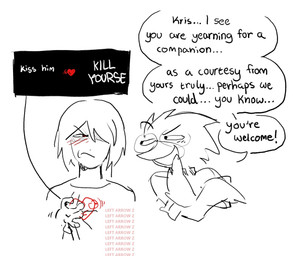 ambiguous_gender anthro blush blush_lines clothed clothing clutching_chest duo eyewear frown glasses hair looking_at_another looking_sideways male open_mouth red_eyes simple_background speech_bubble text white_background tanoshiboo deltarune undertale_(series) berdly soul_(deltarune) avian bird human mammal english_text hi_res
