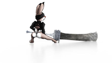 anthro bottomwear butt camel_toe clothing cosplay crossover_cosplay female fur grey_body grey_fur melee_weapon multicolored_body multicolored_fur solo sword topwear two_tone_body two_tone_fur weapon white_body white_fur leondraw disney nier_automata platinumgames zootopia judy_hopps yorha_2b european_rabbit lagomorph leporid mammal oryctolagus rabbit 16:9 2017 crossover digital_media_(artwork) widescreen