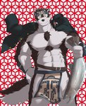 2022 abs absurd_res anthro arm_tuft bandanna belt biped black_nose bottomwear brown_body brown_fur bulge canid canine canis chest_tuft clothing coat_cape elbow_tuft eyebrows fingerless_gloves fish fist fluffy fluffy_tail front_view fur geometric_background gloves hand_on_hip handwear head_tuft hi_res holding_fish horkeu_kamui_(tas) jacket jacket_on_shoulders kerchief lifewonders loincloth loose_belt male mammal marine multicolored_body multicolored_fur muscular muscular_anthro muscular_male nipples pecs pink_nipples portrait rotton salmon salmonid_(fish) simple_background smile solo standing tail three-quarter_portrait tokyo_afterschool_summoners topwear tuft two_tone_body two_tone_fur white_body white_fur wolf yellow_eyes