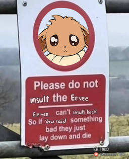 ambiguous_gender feral humor solo text warning_sign ttux3 nintendo pokemon eevee generation_1_pokemon pokemon_(species) absurd_res english_text hi_res rotoscoping