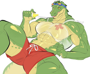 abs anthro biceps biped clothing deltoids green_body lifeguard looking_at_viewer male male_anthro muscular muscular_anthro muscular_arms muscular_male muscular_thighs pecs serratus simple_background smile solo swimming_trunks swimwear tail teeth triceps whistle_(object) white_background tukeso1 league_of_legends riot_games tencent pool_party_renekton renekton crocodile crocodilian reptile scalie hi_res