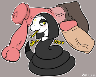 animal_genitalia animal_penis balls bedroom_eyes big_balls big_penis black_eyebrows black_eyeshadow blush blush_lines canine_genitalia canine_penis clothed clothing cross disembodied_penis equine_genitalia equine_penis eyebrows eyelashes eyeshadow female feral forehead_tattoo forked_tongue genitals grey_background group huge_penis humanoid_genitalia humanoid_penis imminent_sex long_tongue makeup male narrowed_eyes nun nun_habit nun_outfit open_mouth open_smile penis pink_penis pupils religious_clothing scales seductive simple_background smile text tongue tongue_out vein veiny_penis white_body white_scales white_skin yellow_eyes yellow_text yellow_tongue lasso_(artist) sunake reptile scalie snake 2022 artist_name digital_drawing_(artwork) digital_media_(artwork) english_text watermark