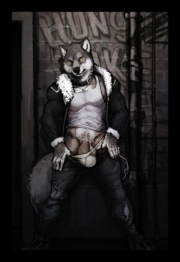 anthro balls barely_contained belt big_bulge biped black_belt black_nose briefs bulge city claws clothed clothing clothing_pull collar detailed_bulge fur genital_outline genitals humanoid_genitalia humanoid_penis jacket looking_at_viewer male muscular muscular_anthro muscular_male pecs penis penis_base penis_outline shirt solo standing tank_top tighty_whities topwear underwear underwear_pull white_balls white_briefs white_clothing white_shirt white_tank_top white_topwear white_underwear yellow_eyes yellow_sclera suck_mcjones canid canine canis mammal wolf 2015 digital_media_(artwork)