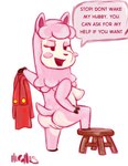 anthro butt clothing dialogue female fur furniture genitals hand_on_leg hand_on_thigh infidelity naughty_face open_mouth pink_body pink_fur pussy solo step_pose stool text undressing j_hughes animal_crossing nintendo reese_(animal_crossing) alpaca camelid mammal 2013 digital_media_(artwork) digital_painting_(artwork) english_text full-length_portrait portrait