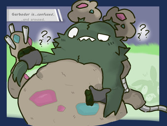 blush blush_lines breast_play breasts confusion female overweight overweight_female pokemon_battle question_mark shocked solo speech_bubble nakeilyar nintendo pokemon garbodor generation_5_pokemon pokemon_(species) trubbish
