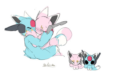 ambiguous_gender antennae_(anatomy) blue_body cuddling duo ears_up facial_markings forehead_markings head_markings machine markings paws pink_body tail alretta rain_world videocult five_pebbles_(rain_world) looks_to_the_moon_(rain_world) felid feline humanoid iterator_(rain_world) mammal robot hi_res