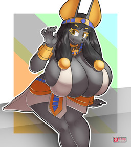 5_fingers ankh anthro big_breasts black_hair black_nose breasts clothed clothed_anthro clothed_female clothing egyptian egyptian_clothing eyebrows female fingers fur grey_body grey_fur hair huge_breasts sitting solo ai_od anubet_(theycallhimcake) anubian_jackal canid canine canis jackal mammal 2026 absurd_res hi_res