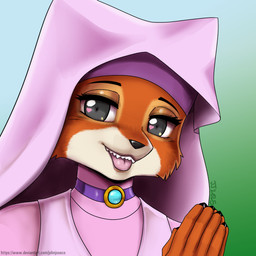 anthro clothing eyebrows eyelashes female fur headdress orange_body orange_fur solo teeth text tongue tongue_out white_body white_fur john_joseco disney robin_hood_(disney) maid_marian canid canine fox mammal red_fox true_fox 1:1 2025 bust_portrait portrait url
