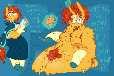 andromorph anthro areola big_pubes bodily_fluids body_hair book bottomwear burger casual_nudity cloak clothed clothing drugs embarrassed eyewear facial_hair fluffy food fur genitals glasses hayburger hooves horn intersex marijuana nude orange_body orange_fur overweight overweight_andromorph overweight_intersex pubes skirt solo studying sweat sweaty_body tail text vulva weight_gain lichenbush friendship_is_magic hasbro my_little_pony mythology sunburst_(mlp) equid equine mammal mythological_creature mythological_equine unicorn 2025 digital_media_(artwork) english_text hi_res trans_(lore) trans_man_(lore)