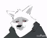 anthro black_nose black_sclera clothed clothing daww fur looking_at_viewer male pinching_cheeks red_eyes simple_background smile solo white_background white_body white_fur vistrou dreamworks puss_in_boots_(franchise) death_(puss_in_boots) canid canine canis mammal wolf 2023 animated short_playtime