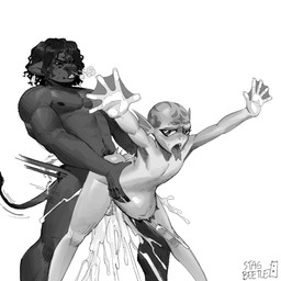 5_fingers abdominal_bulge ambiguous_anthro ambiguous_gender ambiguous_penetrated ambiguous_penetration anthro anthro_on_anthro anthro_penetrated anthro_penetrating anthro_penetrating_anthro bald balls bodily_fluids butt clenched_teeth cum cum_inflation cum_inside cum_splatter curly_hair duo ear_frill ear_piercing ear_tag excessive_cum excessive_genital_fluids fingers frill_(anatomy) from_behind_position genital_fluids genitals hair heart_eyes heart_symbol hip_grab inflation male male/ambiguous male_anthro male_penetrating male_penetrating_ambiguous membrane_(anatomy) motion_lines muscular muscular_anthro muscular_male nipples nose_steam nude nude_ambiguous nude_anthro nude_male obscured_penetration open_mouth penetration penile penile_penetration piercing sex simple_background tail teeth text tongue tongue_out webbed_hands wide_stance stagbeetle_(artist) bull_(giegues) amphibian bovid bovine cattle frog mammal 1:1 2024 artist_name digital_drawing_(artwork) digital_media_(artwork) hi_res monochrome
