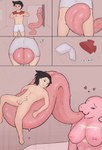 anthro balls big_tongue black_hair bodily_fluids breasts clothing dressing duo exclamation_point female female_on_human genitals hair heart_symbol human_on_anthro interspecies larger_female lifting lifting_partner looking_at_another looking_at_partner male male/female markings nipples nude penis pink_body pokemorph pokephilia question_mark saliva saliva_on_tongue size_difference smaller_male smile tongue tongue_out tongue_play undressing akoqev nintendo pokemon generation_1_pokemon human lickitung mammal pokemon_(species) absurd_res comic hi_res