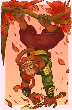 anthro apple branch brown_body brown_fur clothing feet food fruit fur gradient_background hanging_by_feet hanging_from_branch leaf male orange_leaves outside plant simple_background solo tail tree bileshroom dota journey_to_the_west valve valve_corporation sun_wukong haplorhine mammal monkey primate 2019 hi_res