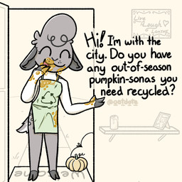 ambiguous_gender anthro apron apron_only candle candy_gore clothing detailed_background dialogue dirty door doorway eyes_closed fingers food food_on_body food_on_face food_on_mouth freckles fruit fur gesture gore grass grey_body grey_fur head_tuft hooved_fingers hooves implied_hard_vore markings picture_frame plant pumpkin pumpkin_seeds recycling_symbol seed solo spots spotted_body spotted_fur standing_in_doorway symbol text tuft vore_implied welcome_mat white_body white_fur oatdote live_laugh_love dote_(oatdote) deer mammal 1:1 english_text