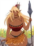 big_breasts biped blonde_hair breasts cleavage clothed clothing eyelashes female hair holding_melee_weapon holding_object holding_polearm holding_spear holding_weapon huge_breasts huge_thighs humanoid_pointy_ears looking_at_viewer melee_weapon not_furry outside pointy_ears polearm red_eyes solo spear thick_thighs weapon luvon elf humanoid hi_res