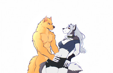 abs anthro biceps bottomwear breasts clothing duo eye_contact female fingers fur looking_at_another male male/female muscular muscular_anthro muscular_male navel nipple_outline nipples nude pecs red_sclera shorts simple_background smile tail topwear white_body white_fur beozar hellaverse helluva_boss mythology beozar_(character) loona_(helluva_boss) canid canid_demon canine canis demon hellhound mammal mythological_canine mythological_creature wolf digital_media_(artwork) hi_res