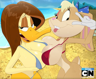 4_fingers anthro areola areola_slip beach big_breasts bikini biped black_eyebrows black_eyes blonde_hair blue_bikini blue_clothing blue_sky blue_swimwear bottomless bottomless_anthro bottomless_female breast_squish breasts breasts_frottage brown_body brown_ears brown_eyelids brown_fur brown_hair buckteeth clothed clothed_anthro clothed_female clothing countershade_fur countershading day duo ears_tied_back eyebrows eyelashes feathers female female_anthro fingers fur gesture gloves hair half-closed_eyes hand_gesture handwear long_hair looking_aside looking_at_viewer mountain multicolored_body multicolored_fur narrowed_eyes non-mammal_breasts one_eye_half-closed open_mouth outside palm_tree pink_areola pink_eyelids pink_inner_ear pink_nose pink_tongue plant red_bikini red_bikini_top red_clothing red_swimwear sand scuted_legs scutes sea short_hair skimpy sky snout squish standing swimwear tail tail_feathers tan_body tan_feathers tan_fur teeth text tongue tongue_out tree two-piece_swimsuit two_tone_body two_tone_fur v_sign water white_clothing white_gloves white_handwear white_text yellow_legs goz-o cartoon_network looney_tunes the_looney_tunes_show warner_brothers lola_bunny tina_russo anatid anseriform avian bird duck lagomorph leporid mammal rabbit 2025 artist_name english_text