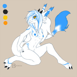 2014 3_toes 5_fingers anthro barefoot baronessa black_nails blue_fur blue_hair breasts claws dragon female fingers fur hair hands horn long_hair looking_at_viewer markings multi-colored_hair nipples nude orange_eyes plain_background scalie sitting smile solo toes white_fur white_hair
Rating: Questionable
Score: 11
User: Dr4gonC0re
Date: April 17, 2014