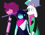 anthro armor axe battle_axe blue_body bracelet clothing fur green_clothing green_robe group jacket jewelry pink_body pink_scarf robe scarf shirt topwear trio tunic white_body white_fur artesderatzyu deltarune undertale_(series) kris_(deltarune) ralsei susie_(deltarune) bovid caprine goat human mammal reptile scalie absurd_res hi_res